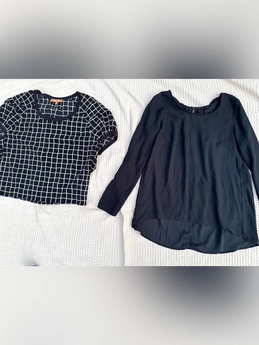Size small blouses- Black and white grid print blouse and black long sleeve top